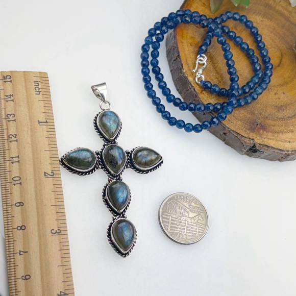 XXL Labradorite Cross Pendant Kyanite Necklace Southwest Sterling 925 Overlay - Picture 6 of 6